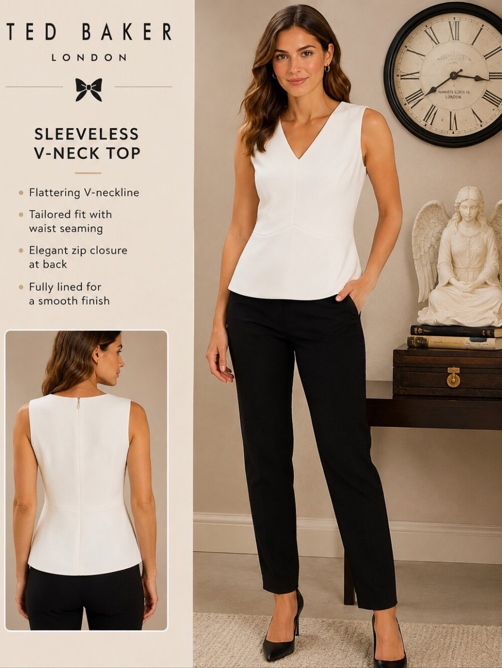 Ted Baker London Ivory Sleeveless Peplum Top V Neck Tailored Blouse Size 2